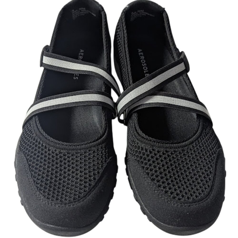Aerosoles Mary Jane Hook Loop Comfort Black Mesh Crisscross Sneakers NWOB Size 7